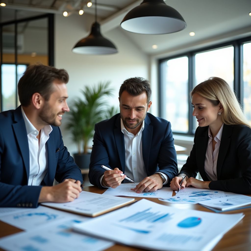 Equipo de consultores financieros en reunión